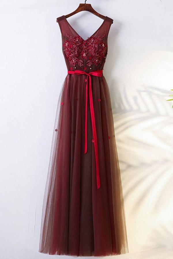 A-Line Crew Floor-Length Burgundy Tulle Belt Prom Dress with Appliques PG702 - Pgmdress