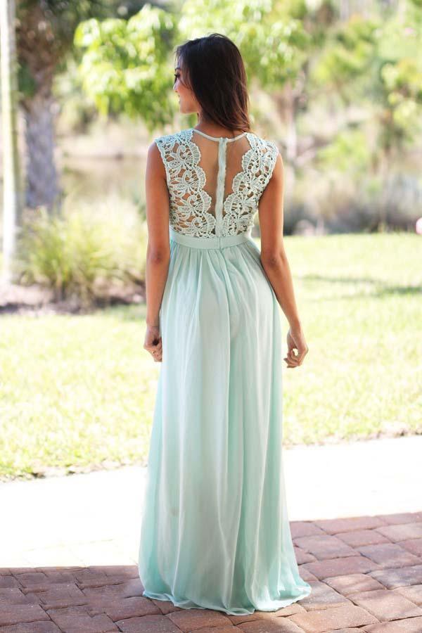 A-Line Crew Floor-Length Mint Chiffon Bridesmaid Dress with Lace BD039 - Pgmdress