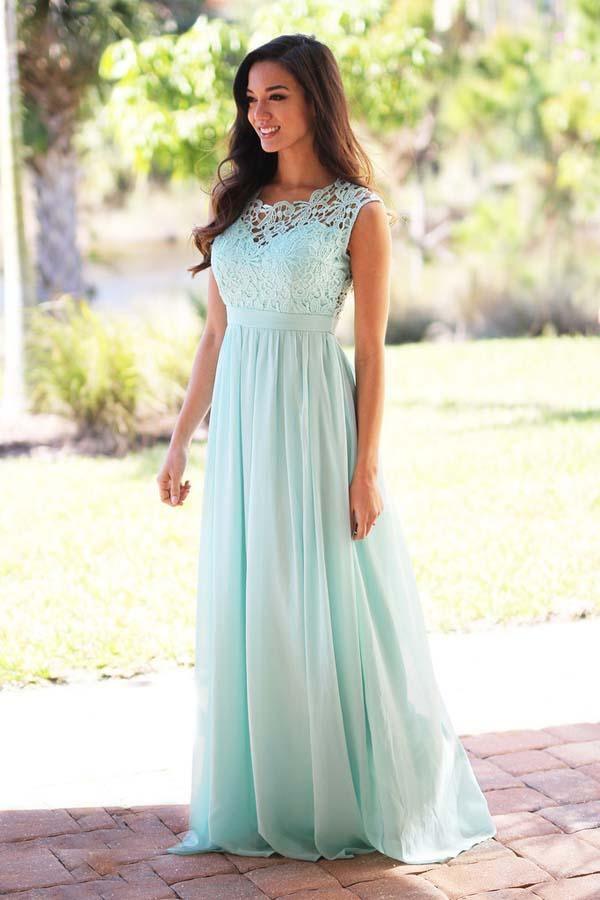 A-Line Crew Floor-Length Mint Chiffon Bridesmaid Dress with Lace BD039 - Pgmdress