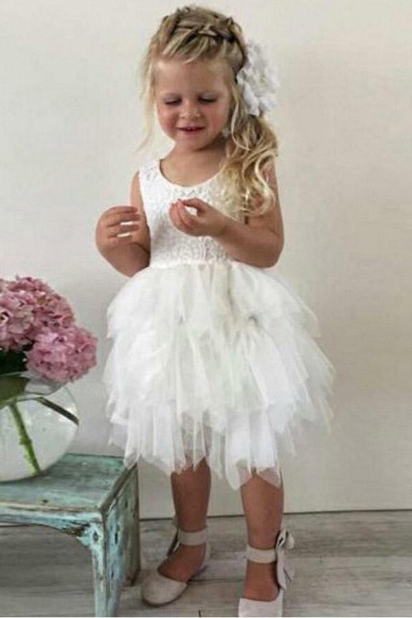 A-Line Crew Knee-Length Tulle Flower Girl Dress with Lace Ruffles FL06 - Pgmdress