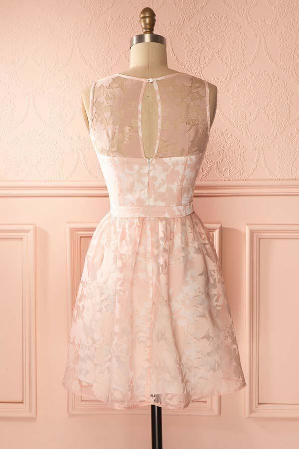 A-Line Crew Open Back Short Pearl Pink Lace Homecoming Dress PD145 - Pgmdress