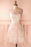 A-Line Crew Open Back Short Pearl Pink Lace Homecoming Dress PD145