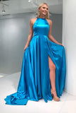 A-Line Crew Open Back Sweep Train Blue Prom Dress with Split PG953 - Pgmdress