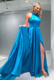A-Line Crew Open Back Sweep Train Blue Prom Dress with Split PG953