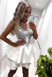 A-Line Crew Short Tiered White Homecoming Dress with Appliques PD071 - Pgmdress