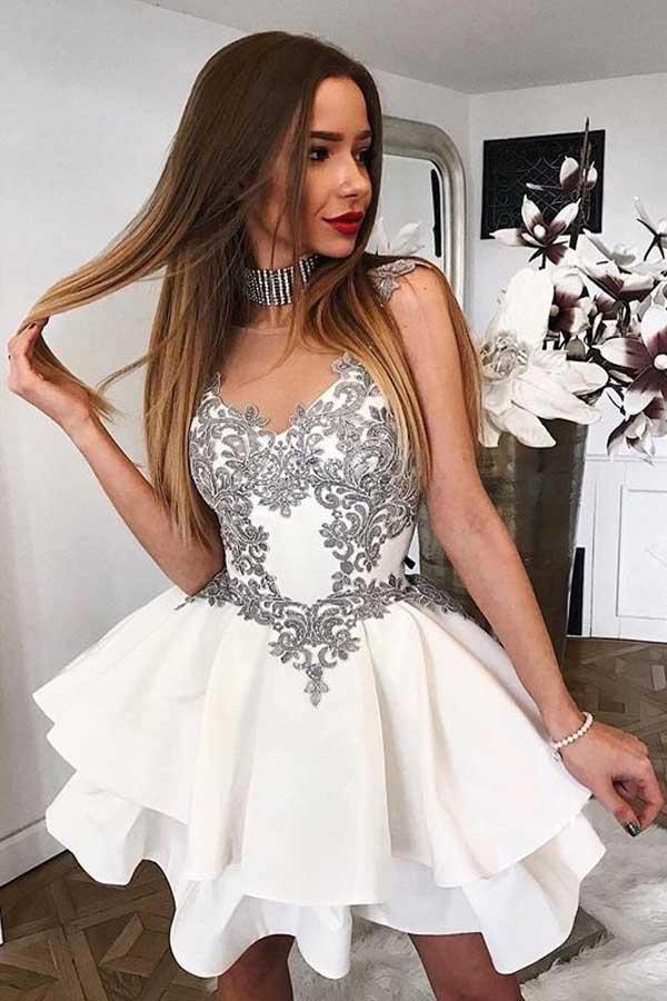 A-Line Crew Short Tiered White Homecoming Dress with Appliques PD071 - Pgmdress