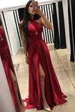 A-Line Cross Neck Floor-Length Dark Red Prom Dress with Split  PG547
