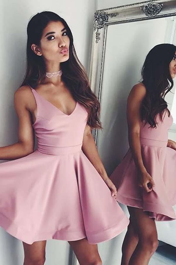 A-line Cute V Neck Short Pink Satin Homecoming Dress Formal Dress PD126 - Pgmdress