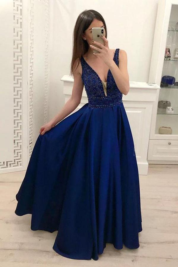 A-line Dark Blue V Neck Satin Prom Dresses Evening Dresses Withi Beading PM237 - Pgmdress