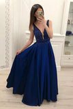 A-line Dark Blue V Neck Satin Prom Dresses  Evening Dresses Withi Beading PM237