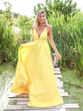 A Line Deep V Neck Backless Sweep Train Yellow Prom Dress PSK144 - Pgmdress