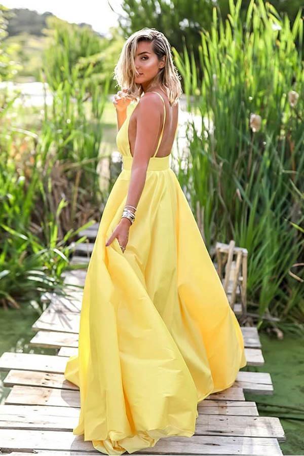 a line yellow dress A Line Deep V Neck Backless Sweep Train Yellow Prom Dress PSK144 US0 / Yellow