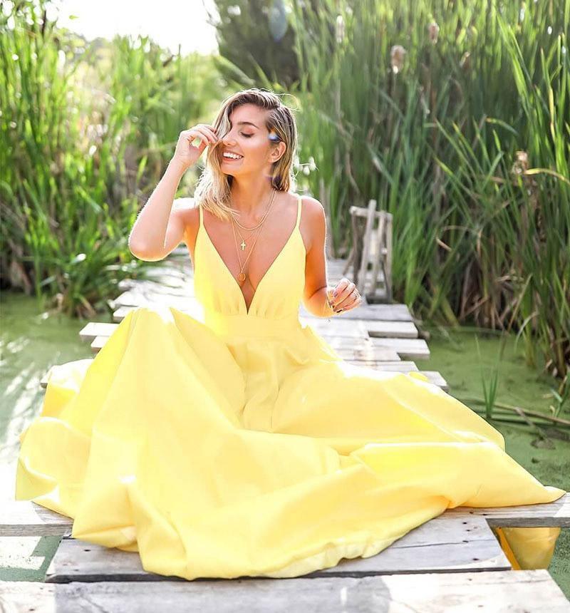 backless yellow prom dresses Yellow Halter Sheath Satin Backless Long Prom Dresses, Yellow / 6