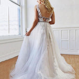 A Line Deep V-Neck Backless White Wedding Dress With Appliques WD446 - Pgmdress