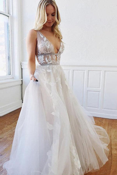 A Line Deep V-Neck Backless Beach Wedding Dress with Appliques WD446 US14 / White A Line Deep V-Neck Backless Beach Wedding Dress with Appliques WD446 US14 / White