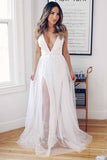 A-Line Deep V-Neck Crisscross Back Sweep Train Wedding Dress WD273 - Pgmdress