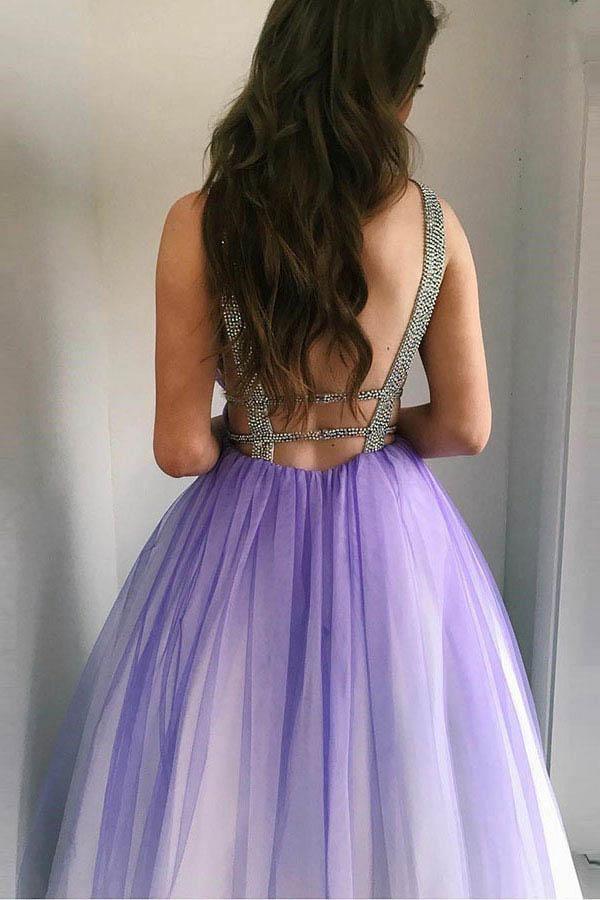 Vampal Purple Deep V-Neck Layered Tulle Prom Dress with Back Cutout