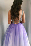 A-Line Deep V-Neck Floor-Length Purple Tulle Backless Prom Dress with Beading PG879 - Pgmdress