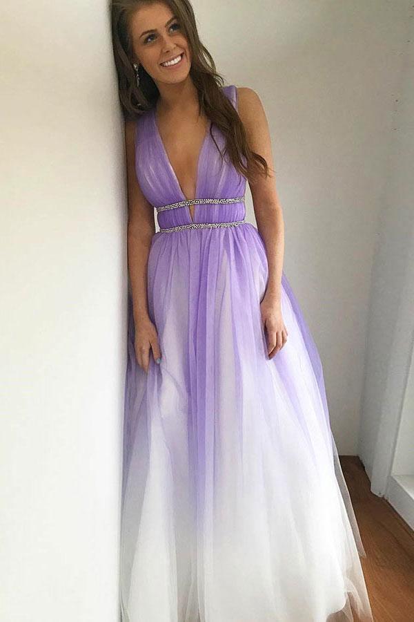 A-Line Deep V-Neck Floor-Length Purple Tulle Backless Prom Dress with Beading PG879 - Pgmdress