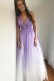 A-Line Deep V-Neck Floor-Length Purple Tulle Backless Prom Dress with Beading PG879