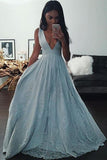 A-Line Deep V-neck Light Blue Prom Dress with Appliques Beading PG387 - Pgmdress