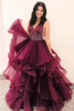 A-Line Deep V-Neck Burgundy Tulle Beaded Prom Dress with Ruffles PG881