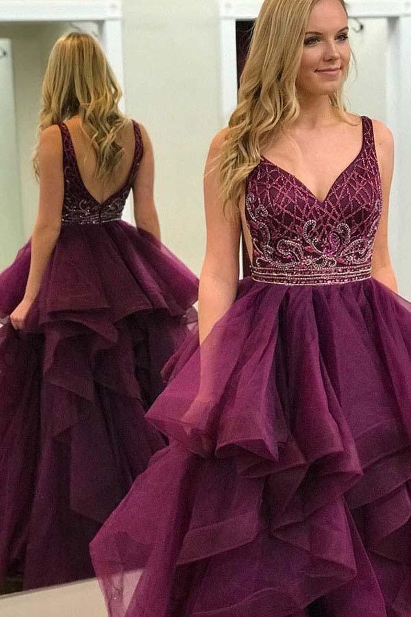 A-Line Deep V-Neck Purple Tulle Backless Beaded Prom Dress with Ruffles PG881 - Pgmdress
