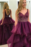 A-Line Deep V-Neck Purple Tulle Backless Beaded Prom Dress with Ruffles PG881 - Pgmdress