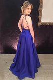 A-Line Deep V-Neck Royal Blue Satin Pleats Prom Dress Evening Dress PG472 - Pgmdress