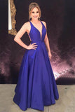 A-Line Deep V-Neck  Royal Blue Satin Pleats Prom Dress Evening Dress PG472