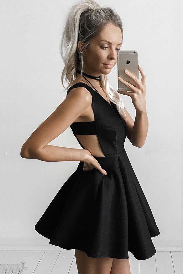 A-Line Deep V-Neck Short Cut Out Black Satin Homecoming Dress PD149 - Pgmdress