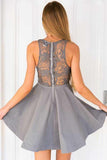 A-Line Deep V-Neck Sleeveless Grey Satin Homecoming Dress with Lace PD066 - Pgmdress