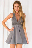 A-Line Deep V-Neck Sleeveless Grey Satin Homecoming Dress with Lace PD066