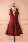 A-Line Deep V-Neck Sleeveless Lace-up Burgundy Satin Homecoming Dress PD386 - Pgmdress