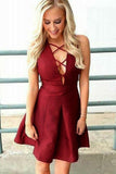 A-Line Deep V-Neck Sleeveless Lace-up Burgundy Satin Homecoming Dress PD386