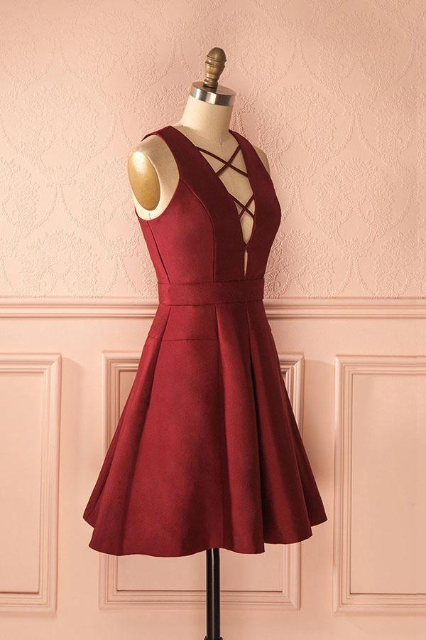 A-Line Deep V-Neck Sleeveless Lace-up Burgundy Satin Homecoming Dress PD386 - Pgmdress
