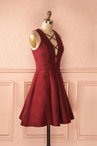 A-Line Deep V-Neck Sleeveless Lace-up Burgundy Satin Homecoming Dress PD386 - Pgmdress