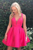 A-Line Deep V-Neck Straps Above-Knee Fuchsia Satin Homecoming Dress PD070 - Pgmdress