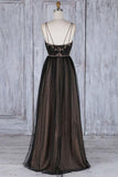 A-Line Deep V-Neck Sweep Train Black Tulle Backless Prom Dress PSK098 - Pgmdress