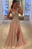 A-Line Deep V-Neck Floor Length Chiffon Prom Dress with Appliques  PG906