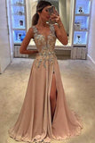 A-Line Deep V-Neck Floor Length Chiffon Prom Dress with Appliques PG906 - Pgmdress