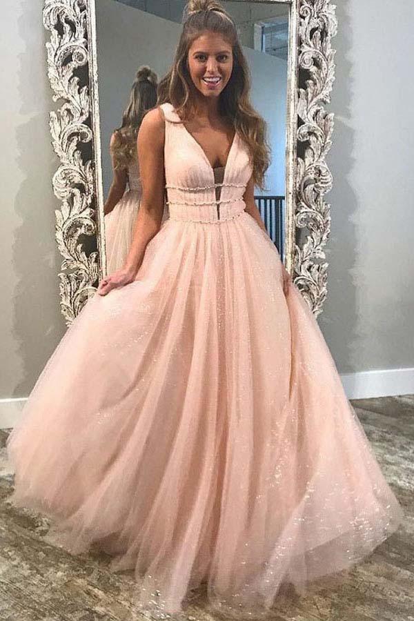 A-Line Deep V-Neck Sweep Train Pink Tulle Backless Prom Dress with Beading PG878 - Pgmdress