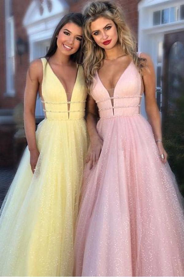 A-Line Deep V-Neck Sweep Train Pink Tulle Backless Prom Dress with Beading PG878 - Pgmdress