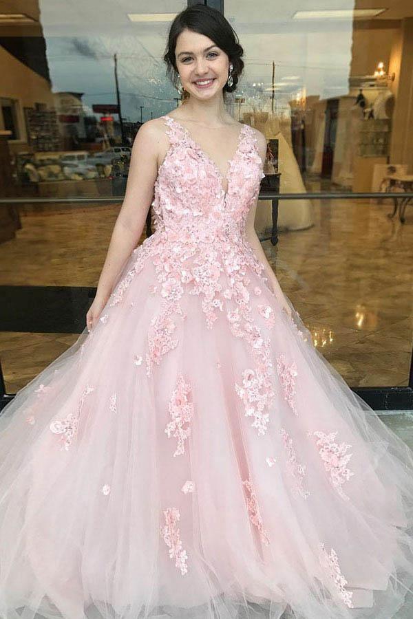 A-Line Deep V-Neck Sweep Train Pink Tulle Open Back Prom Dress with Appliques PG880 - Pgmdress
