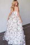 A-Line Deep V-Neck Sweep Train Pink Tulle Prom Dress with Flowers PG777 - Pgmdress
