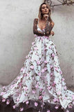 A-Line Deep V-Neck Sweep Train Pink Tulle Prom Dress with Flowers PG777 - Pgmdress