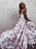 A-Line Deep V-Neck Sweep Train Pink Tulle Prom Dress with Flowers PG777 - Pgmdress