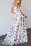 A-Line Deep V-Neck Sweep Train Pink Tulle Prom Dress with Flowers PG777