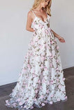 A-ligne Deep V-Neck Sweep Train Robe de bal en tulle rose avec fleurs PG777