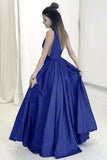A-Line Deep V-Neck Sweep Train Royal Blue Prom Dress with Ruched PG392 - Pgmdress